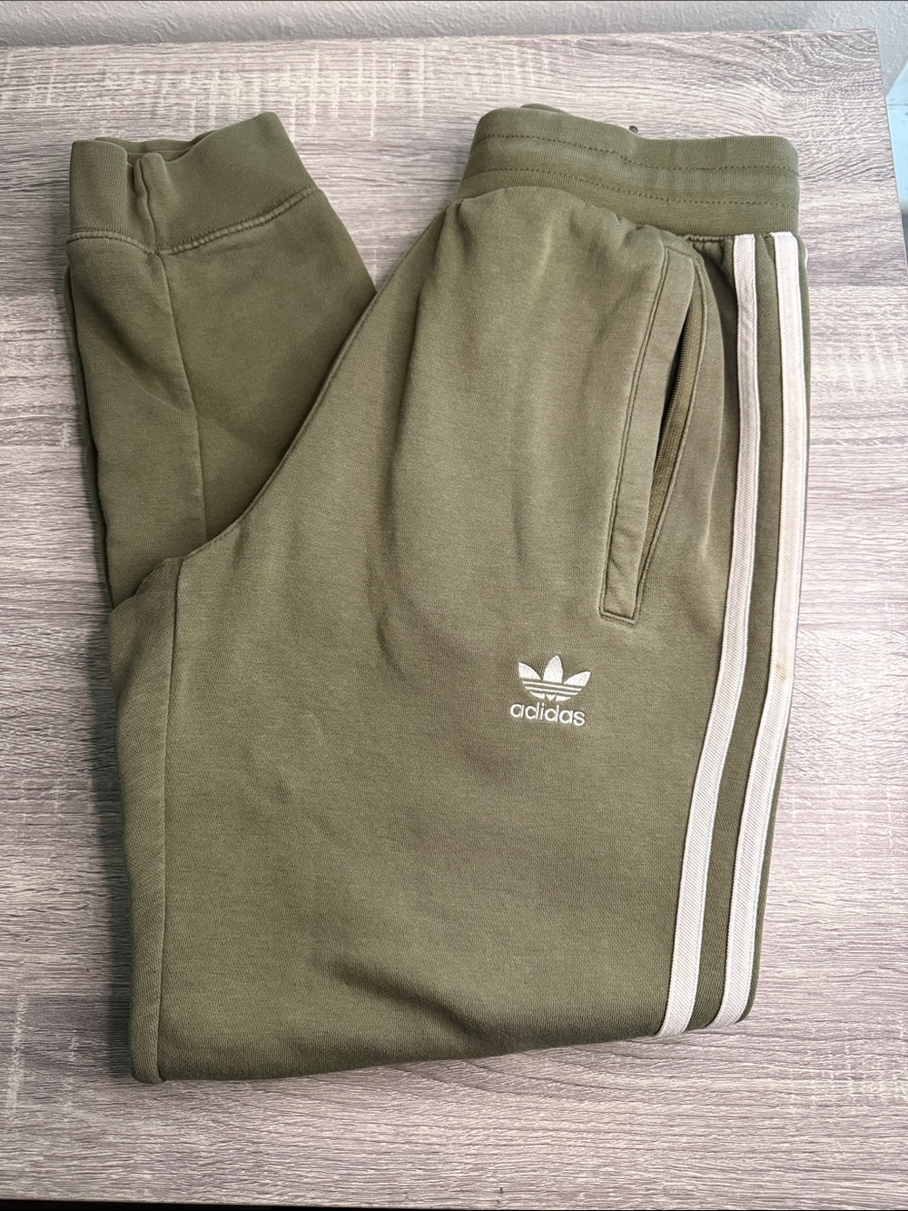 adidas Olive Green Joggers with Cream Side Stripes -men’s size S